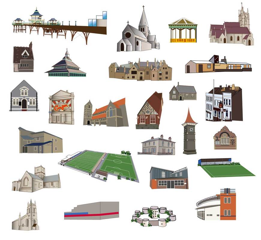 Illustrated buildings for Map designs