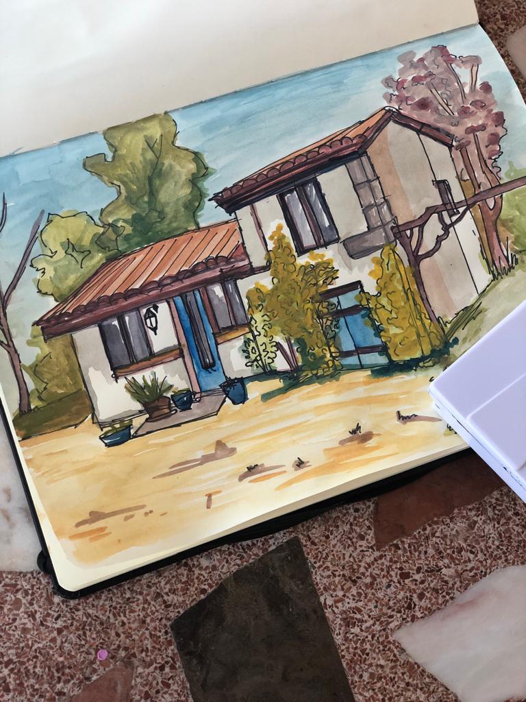 Watercolour of Airbnb rental property in Birac-sur-Trec in France -- by Emily Charlotte Moran.
