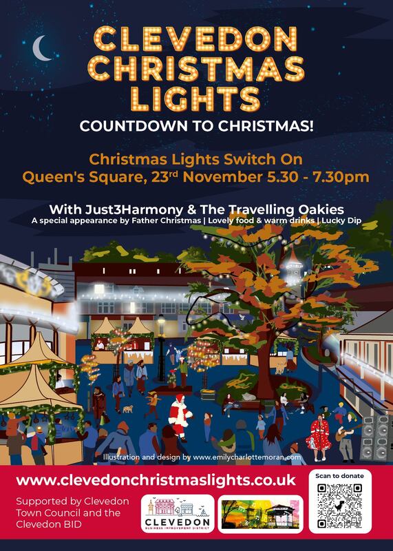 Poster Design for Clevedon Christmas Lights 2023, created by Emily Charlotte Moran.
